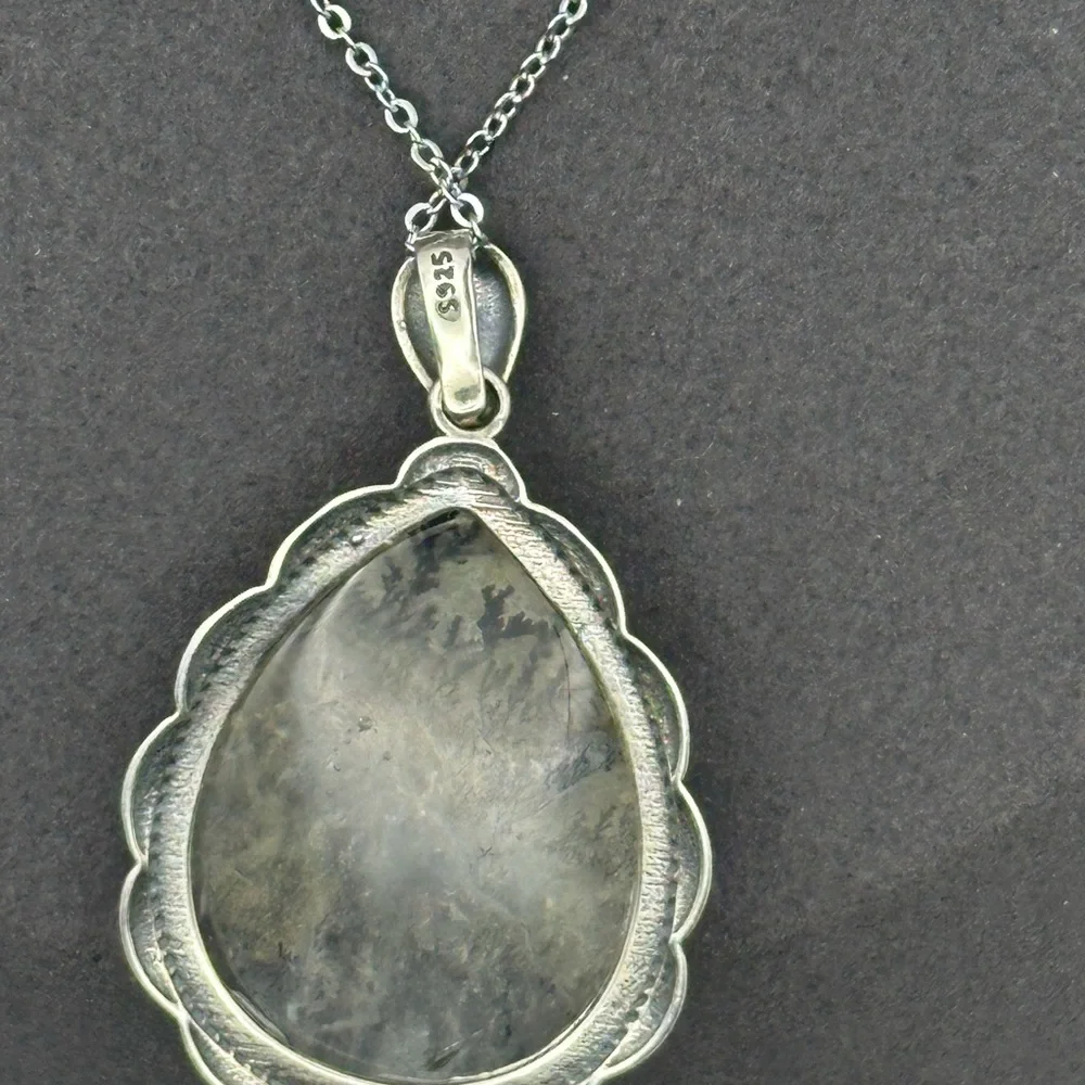 Dendritic Agate Teardrop Pendant in Silver 925 Setting on Silver 925 Chain - Picture 7 of 16